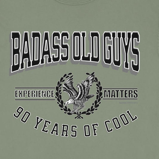 T-shirt with "BADASS OLD GUYS" and "90 YEARS OF COOL" text.
