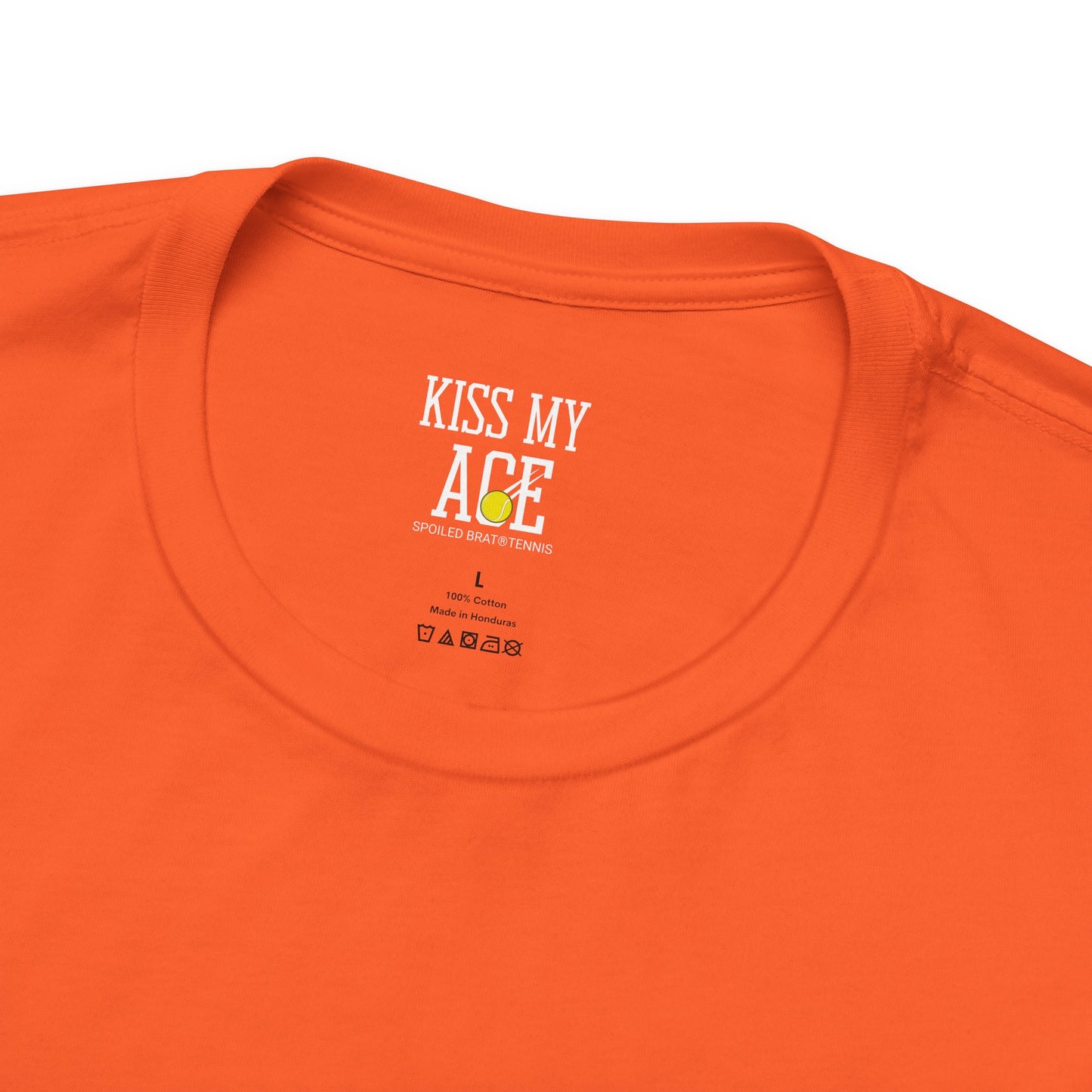 Orange t-shirt with "KISS MY ACE" logo and size "L" label.