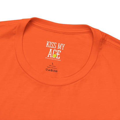 Orange t-shirt with "KISS MY ACE" logo and size "L" label.