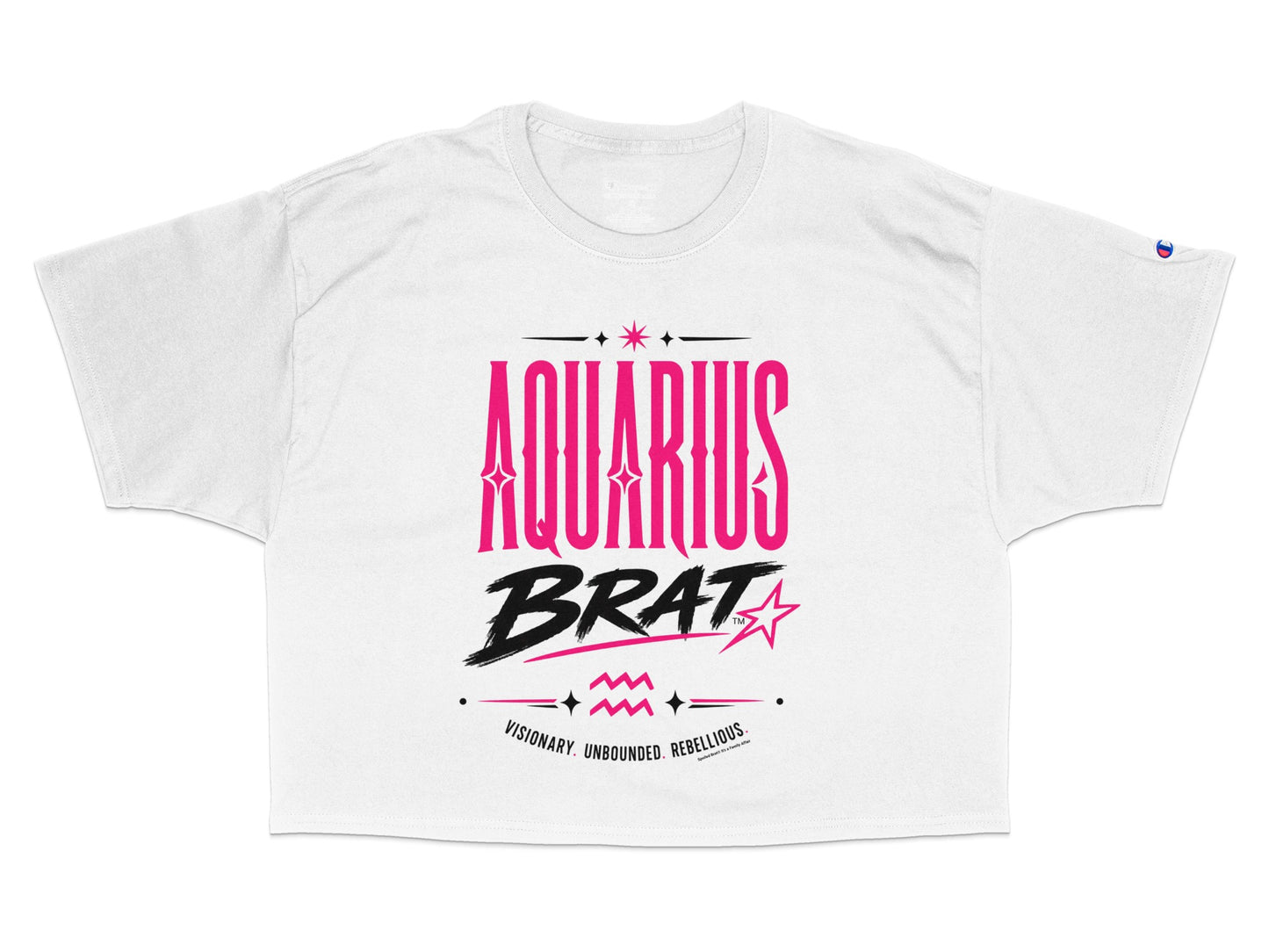 White cropped t-shirt with pink "AQUARIUS BRAT" graphic and text.