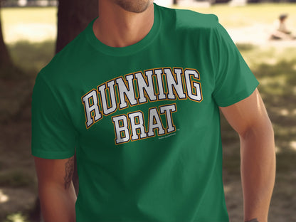 Green t-shirt with "RUNNING BRAT" text in white and orange lettering.