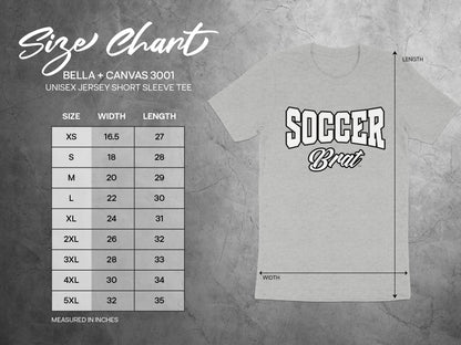 Bella + Canvas 3001 unisex short sleeve tee size chart with width and length measurements.