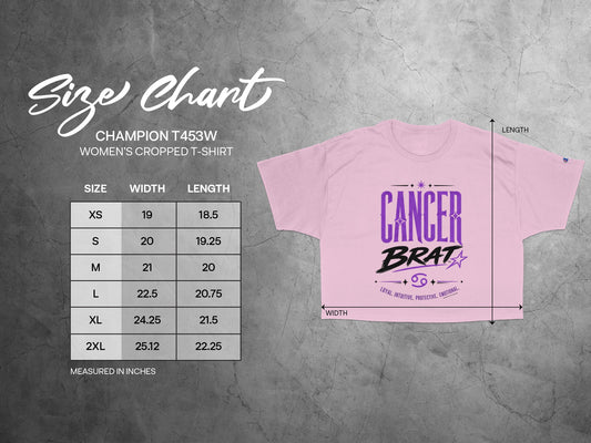 Champion women's cropped t-shirt size chart showing width and length measurements for sizes XS through 2XL.