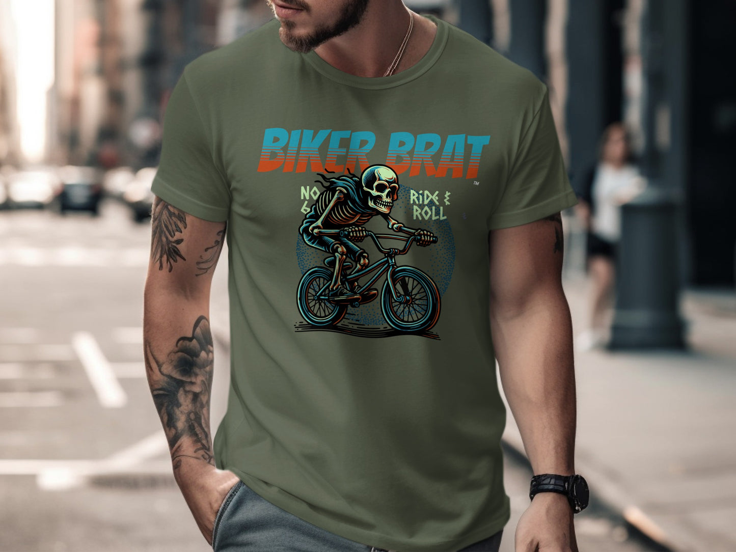 Skeleton riding a BMX bike with "BIKER BRAT" text.