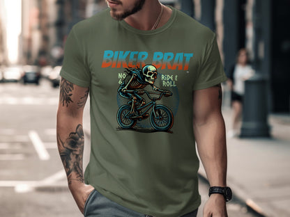 Skeleton riding a BMX bike with "BIKER BRAT" text.