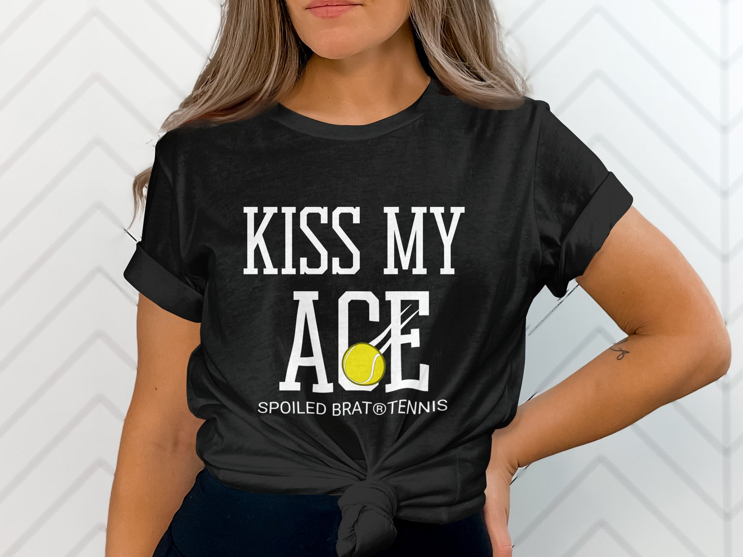 Black t-shirt with "KISS MY ACE" and tennis ball graphic.