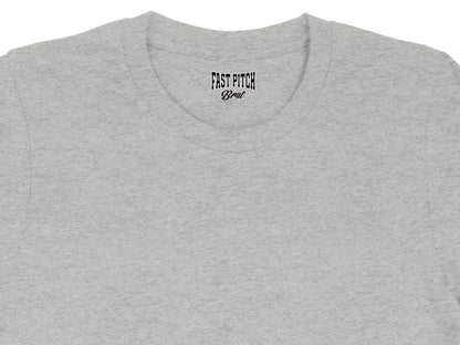 Grey t-shirt with black "FAST PITCH" and "Brat" text on the collar.