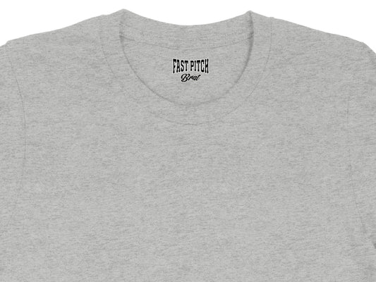 Grey t-shirt with black "FAST PITCH" and "Brat" text on the collar.