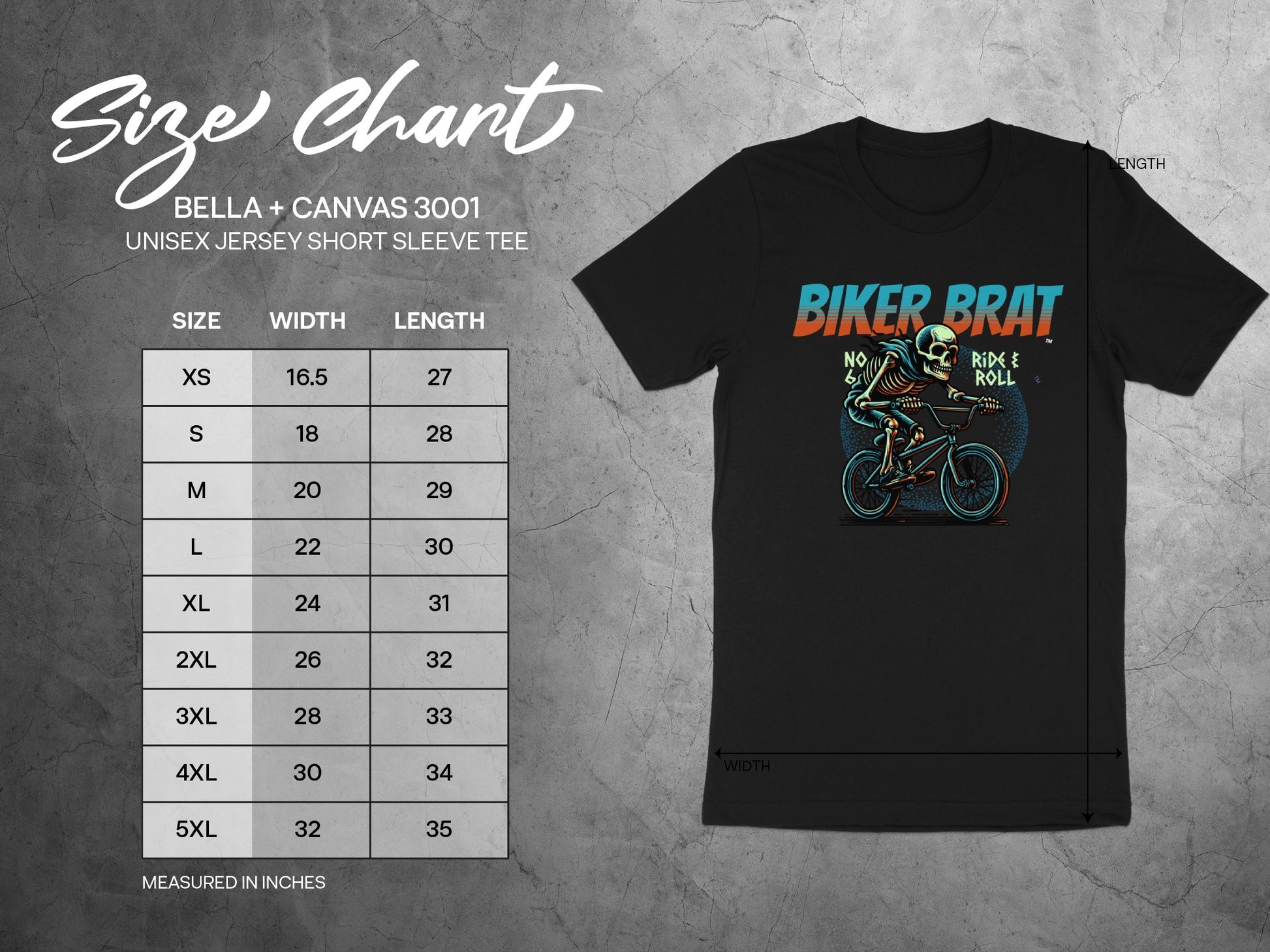 Bella + Canvas 3001 unisex t-shirt size chart and graphic.