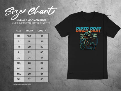 Bella + Canvas 3001 unisex t-shirt size chart and graphic.