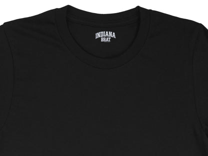 Black t-shirt with "INDIANA BRAT" text on the collar.