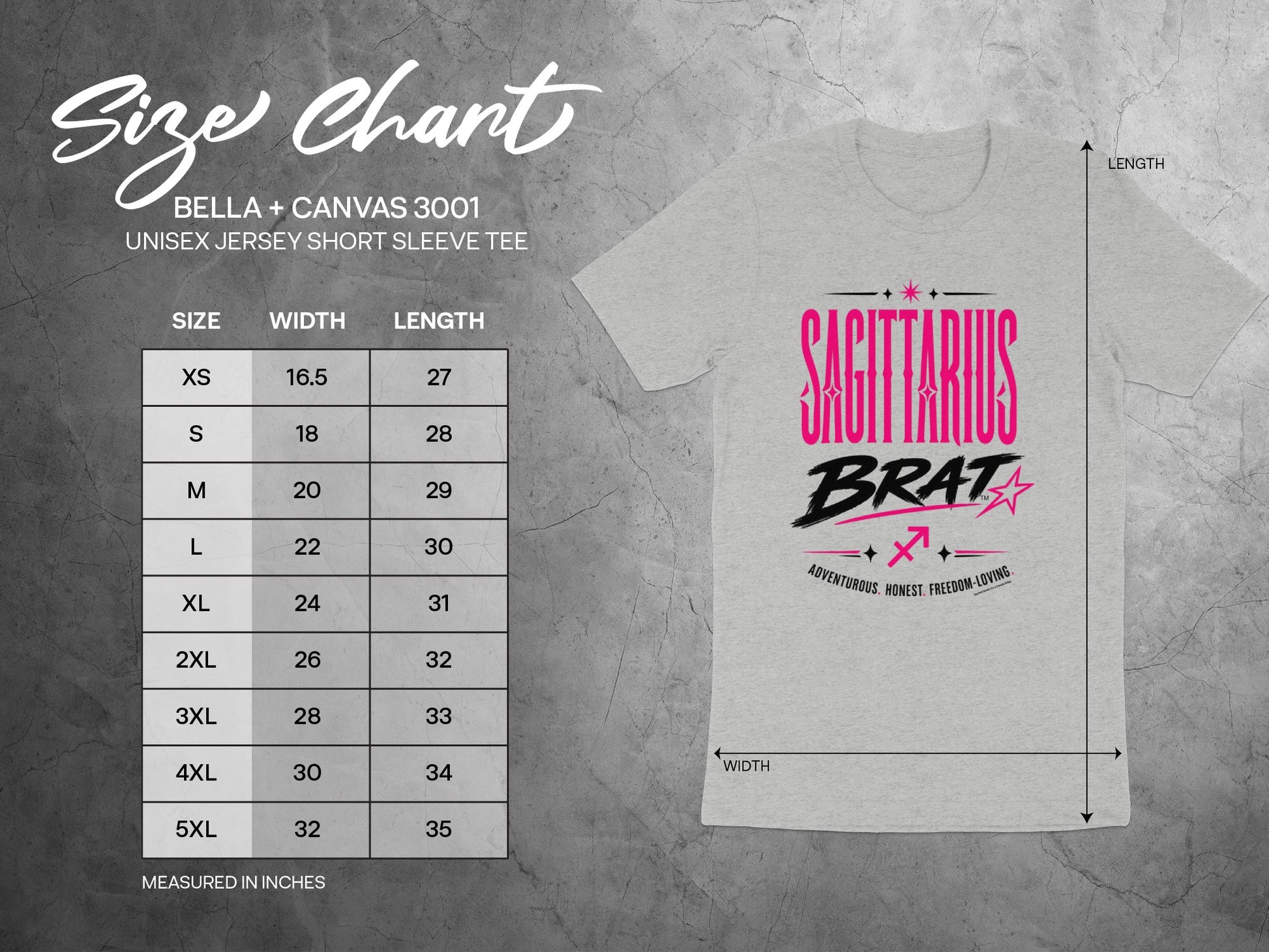 Size chart for BELLA + CANVAS 3001 unisex short sleeve tee, measured in inches.