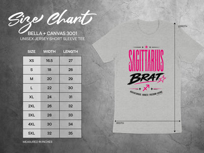 Size chart for BELLA + CANVAS 3001 unisex short sleeve tee, measured in inches.
