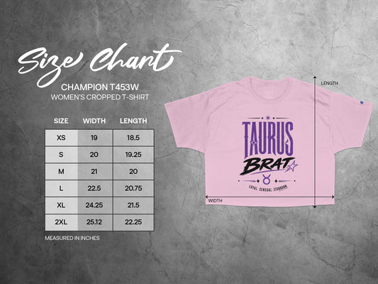 Champion T453W women's cropped t-shirt size chart with Taurus Brat graphic.