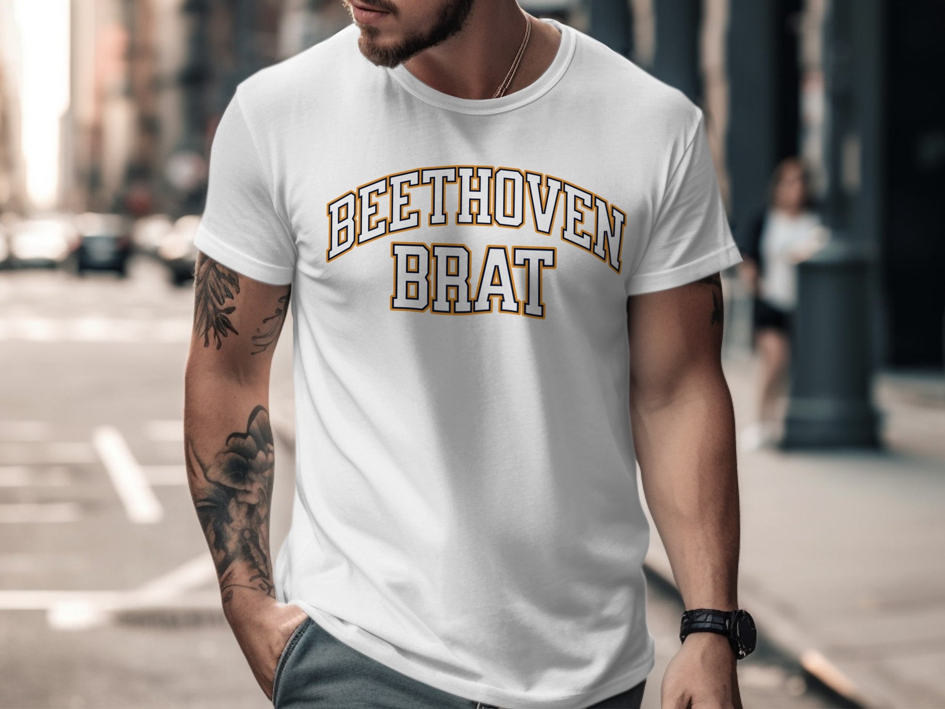 White t-shirt with "BEETHOVEN BRAT" text in arched varsity font.