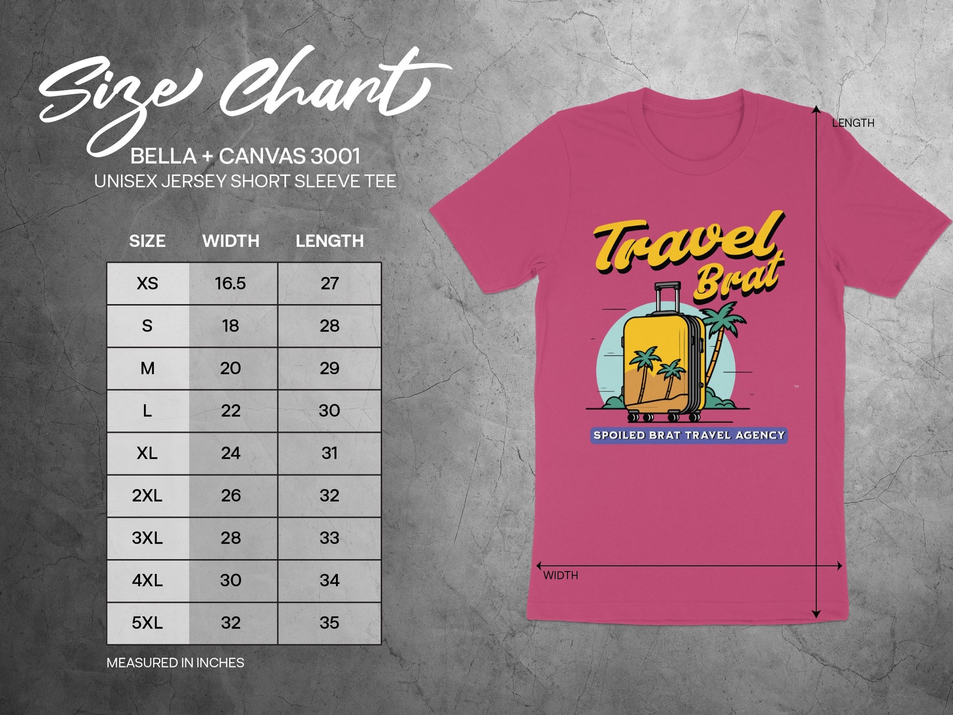 Size chart for Bella + Canvas 3001 unisex tee with "Travel Brat" design.