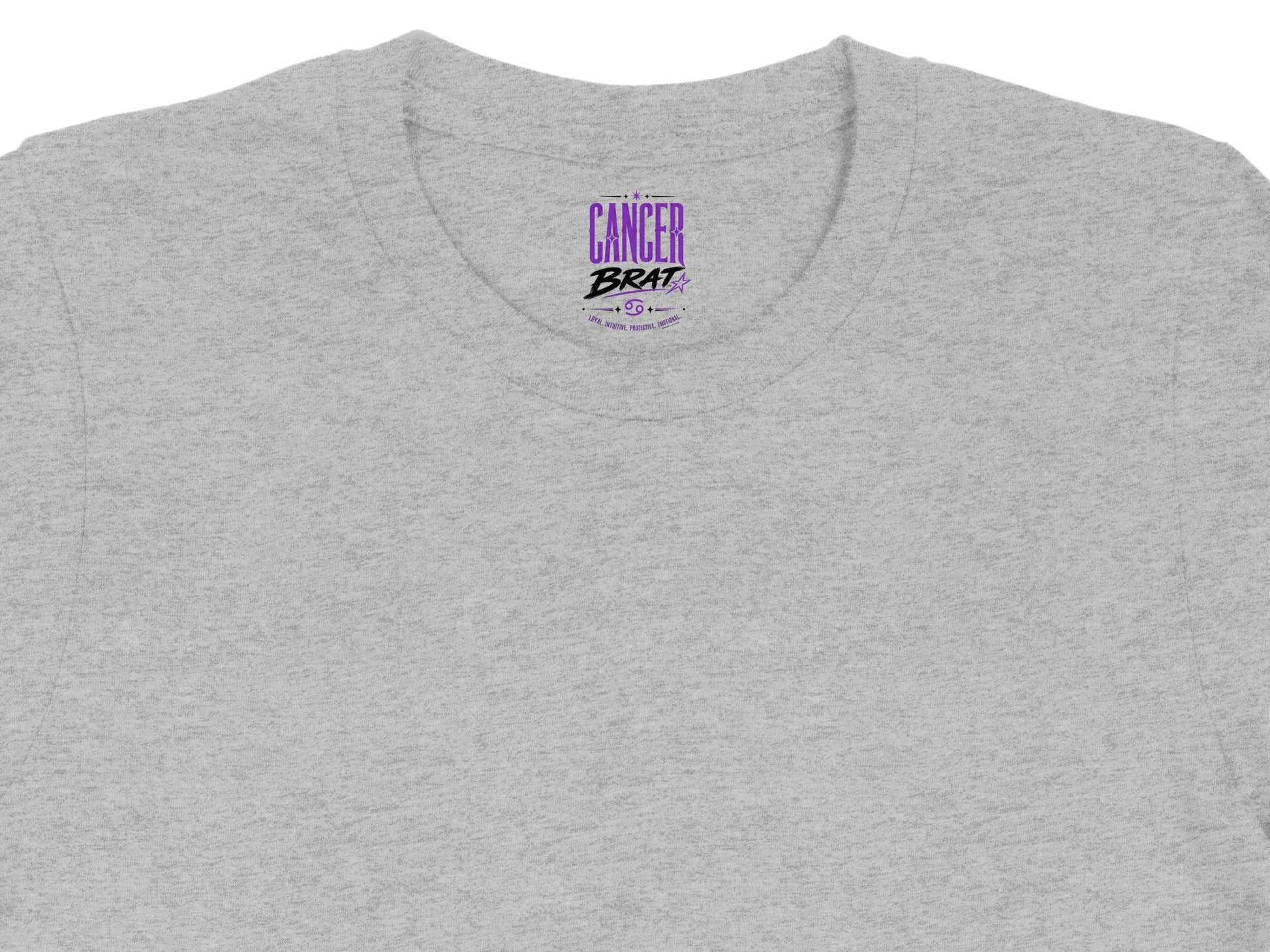 Gray t-shirt with text "CANCER BRAT" and astrology symbols/traits.