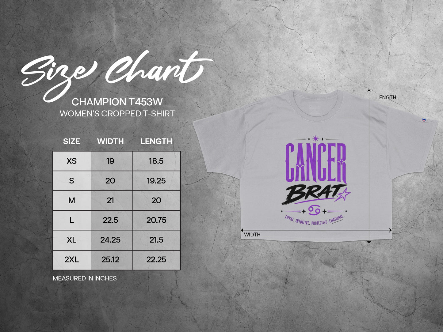 Champion t-shirt size chart showing width and length measurements for cropped t-shirts.