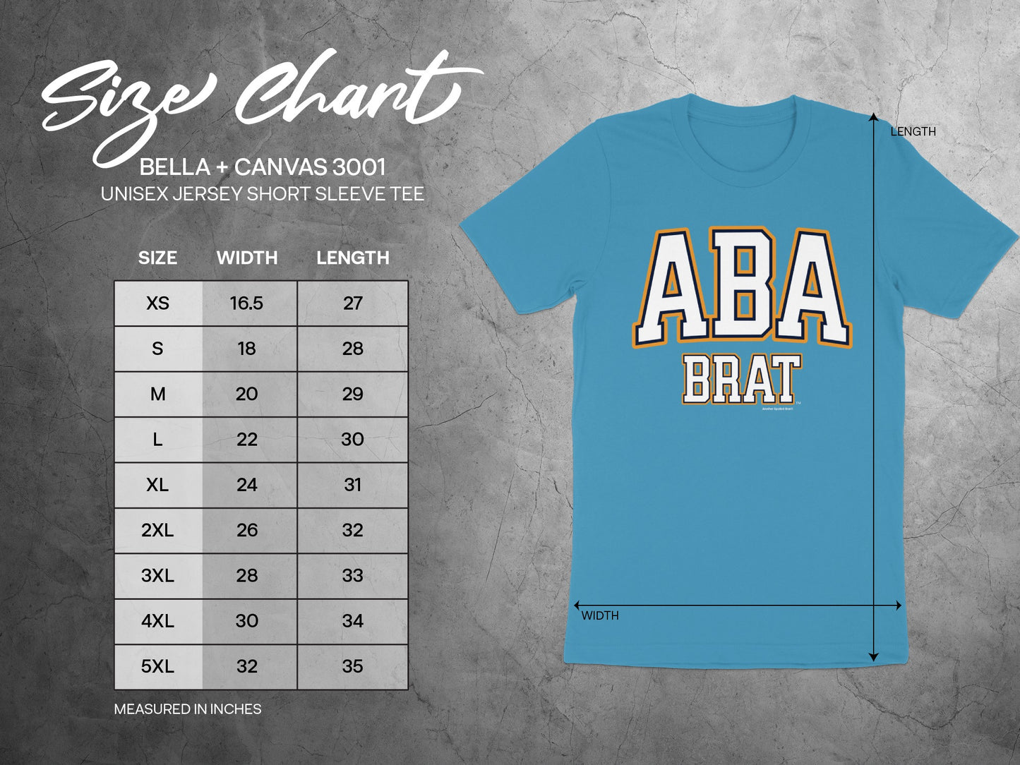 BELLA + CANVAS 3001 unisex t-shirt size chart with width and length measurements in inches.