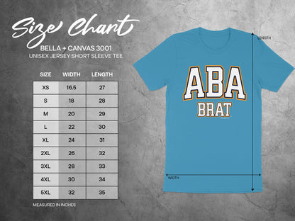 BELLA + CANVAS 3001 unisex t-shirt size chart with width and length measurements in inches.