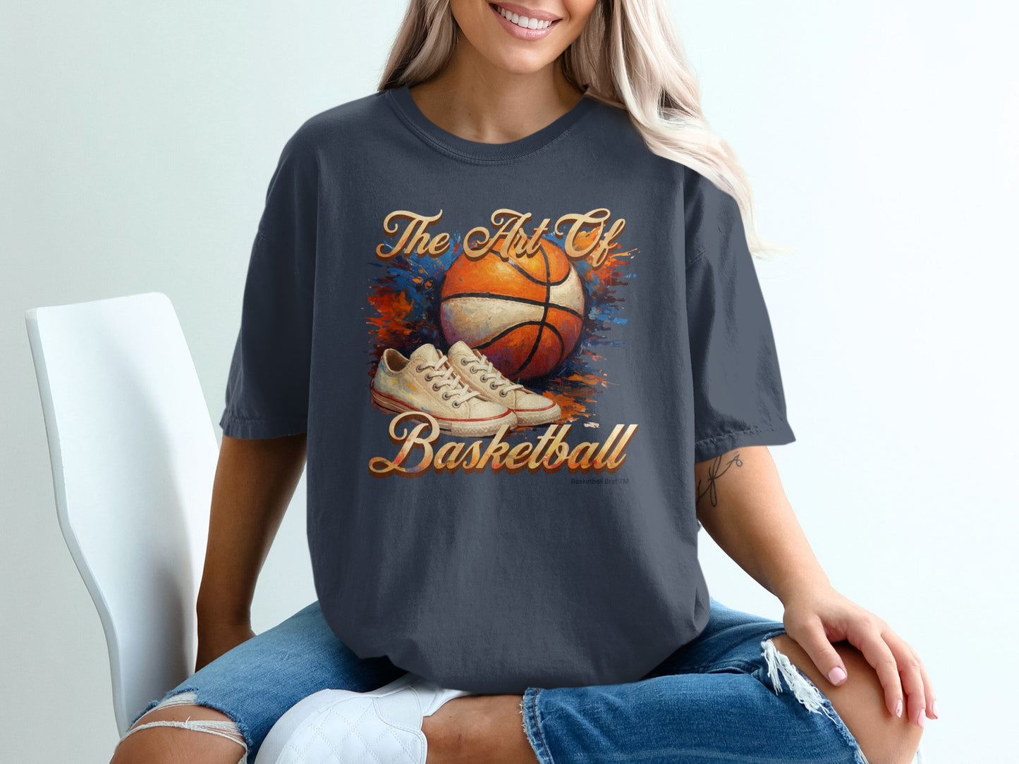 T-shirt with "The Art Of Basketball" text and a basketball and sneakers graphic.