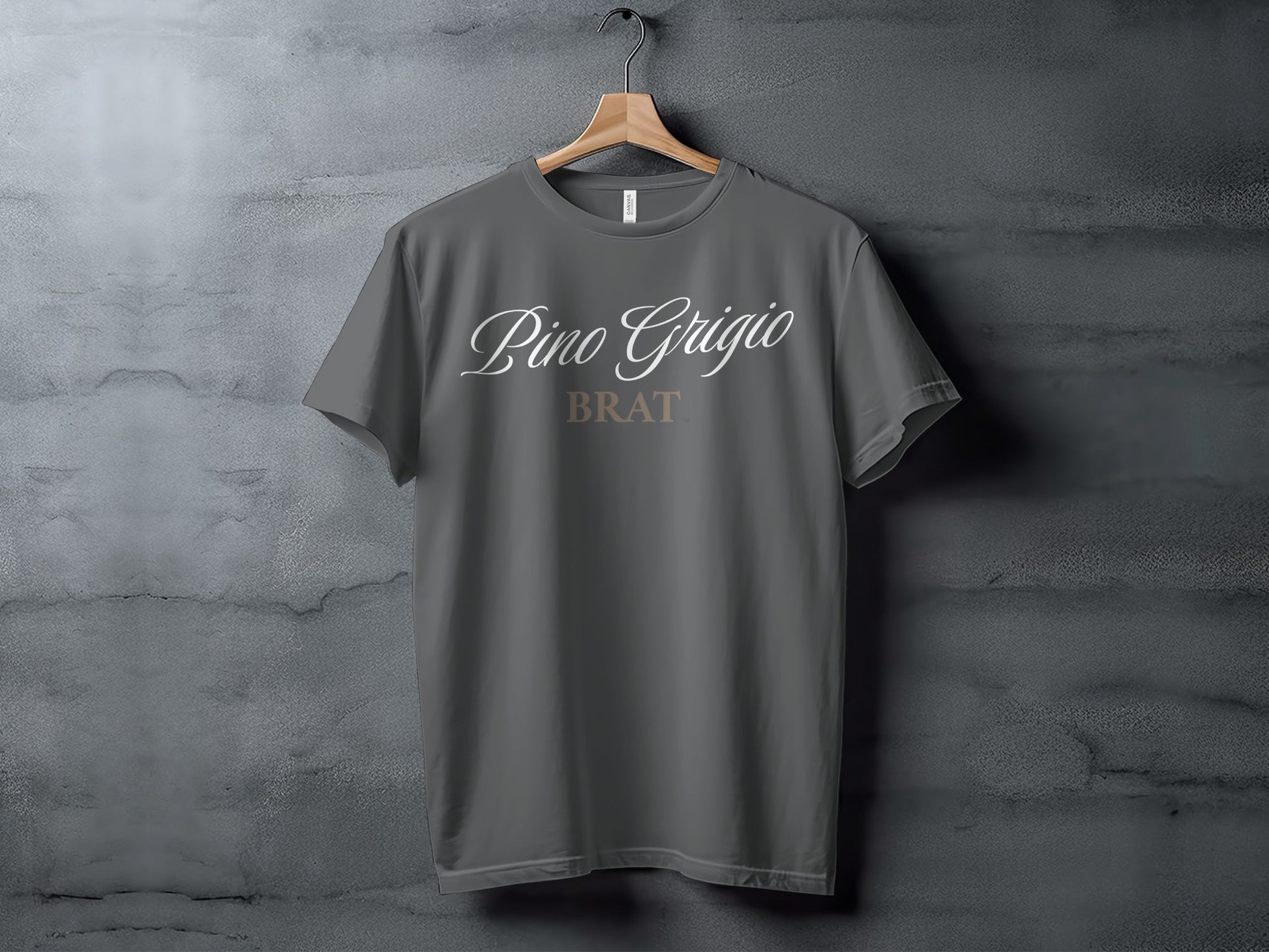 Dark grey t-shirt with white "Pino Grigio" and tan "BRAT" text.