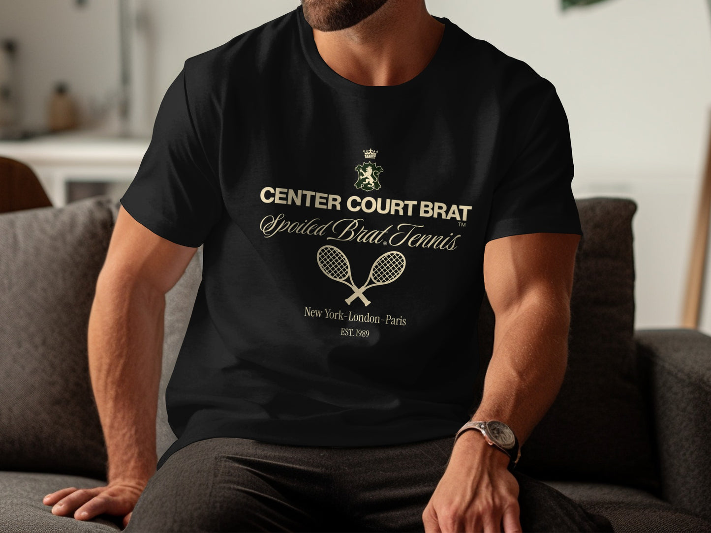 Black t-shirt with "CENTER COURT BRAT Spoiled Brat Tennis" logo.