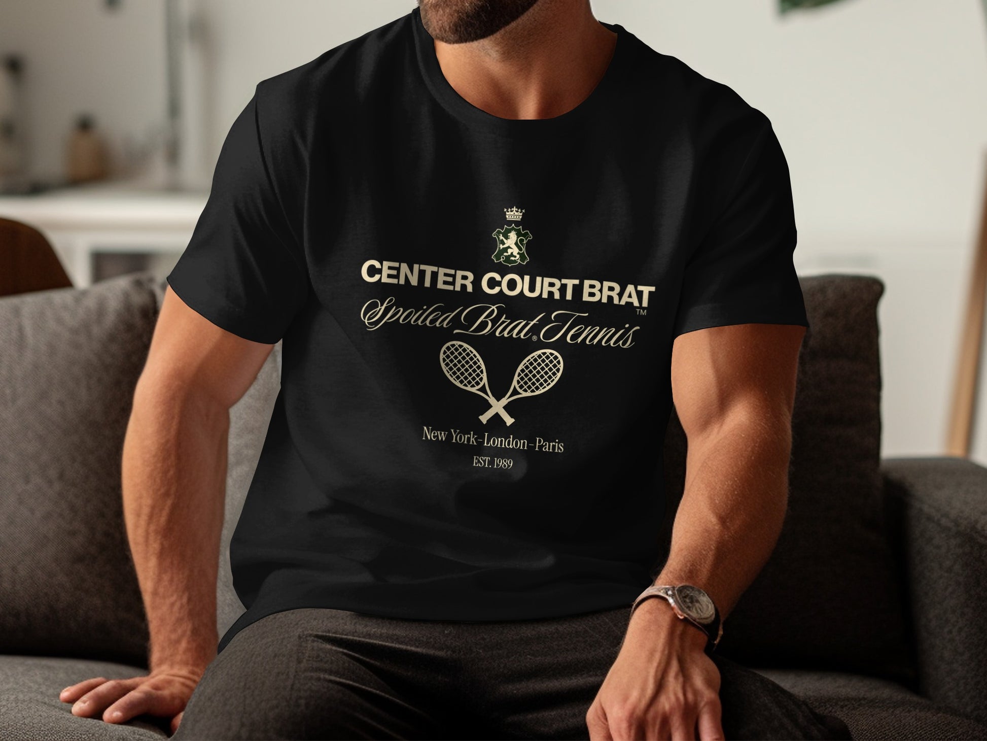 Black t-shirt with "CENTER COURT BRAT Spoiled Brat Tennis" logo.