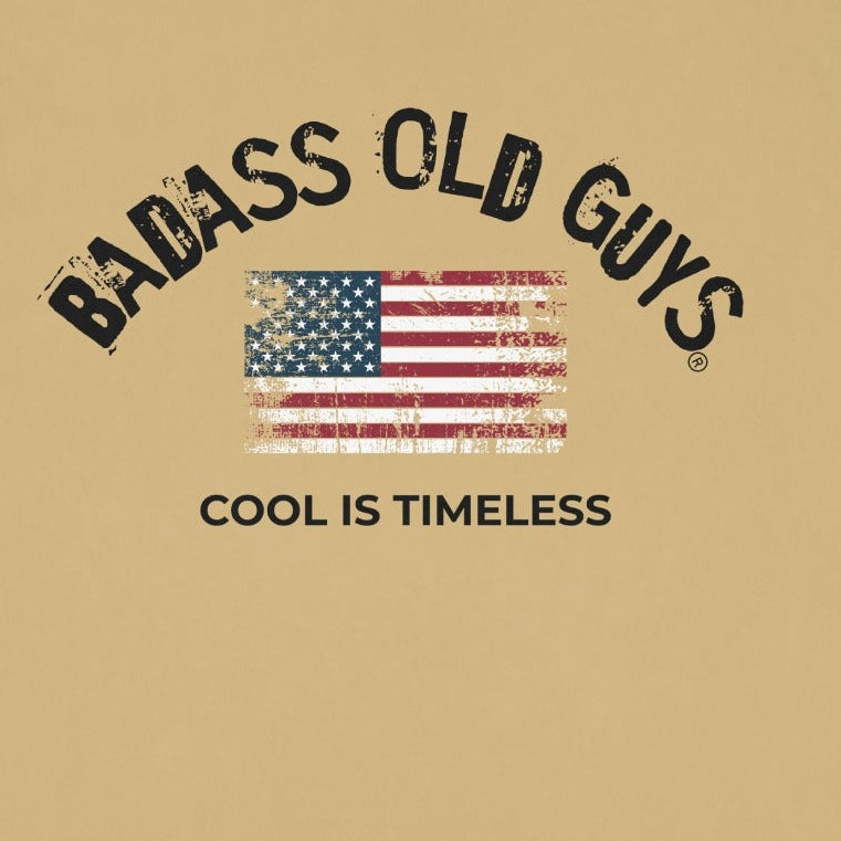 Khaki t-shirt with "BADASS OLD GUYS COOL IS TIMELESS" and American flag graphic.