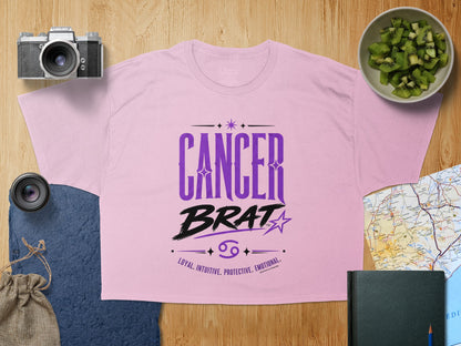 Pink t-shirt with "CANCER BRAT" text and zodiac traits.