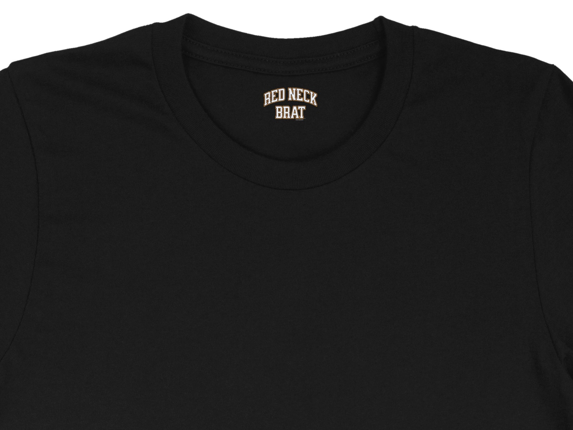 Black t-shirt with "RED NECK BRAT" text on the inside neck label.