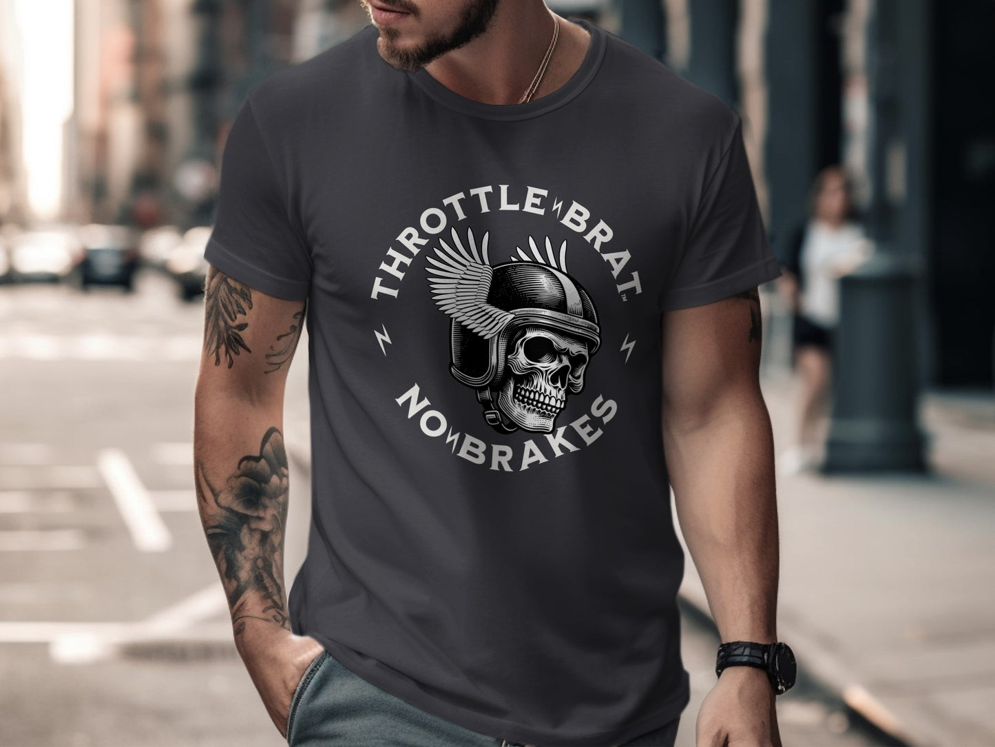 Dark grey t-shirt with "THROTTLE BRAT NOWBRAKES" logo featuring a winged helmet.
