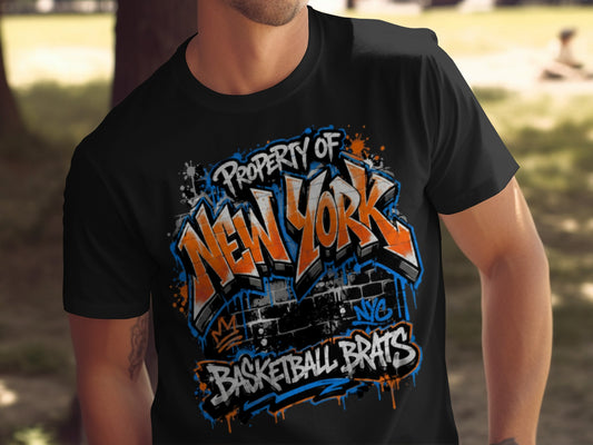 Black t-shirt with "Property of New York Basketball Brats" in graffiti style.