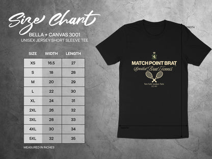 BELLA + CANVAS 3001 unisex jersey t-shirt size chart from XS to 5XL.