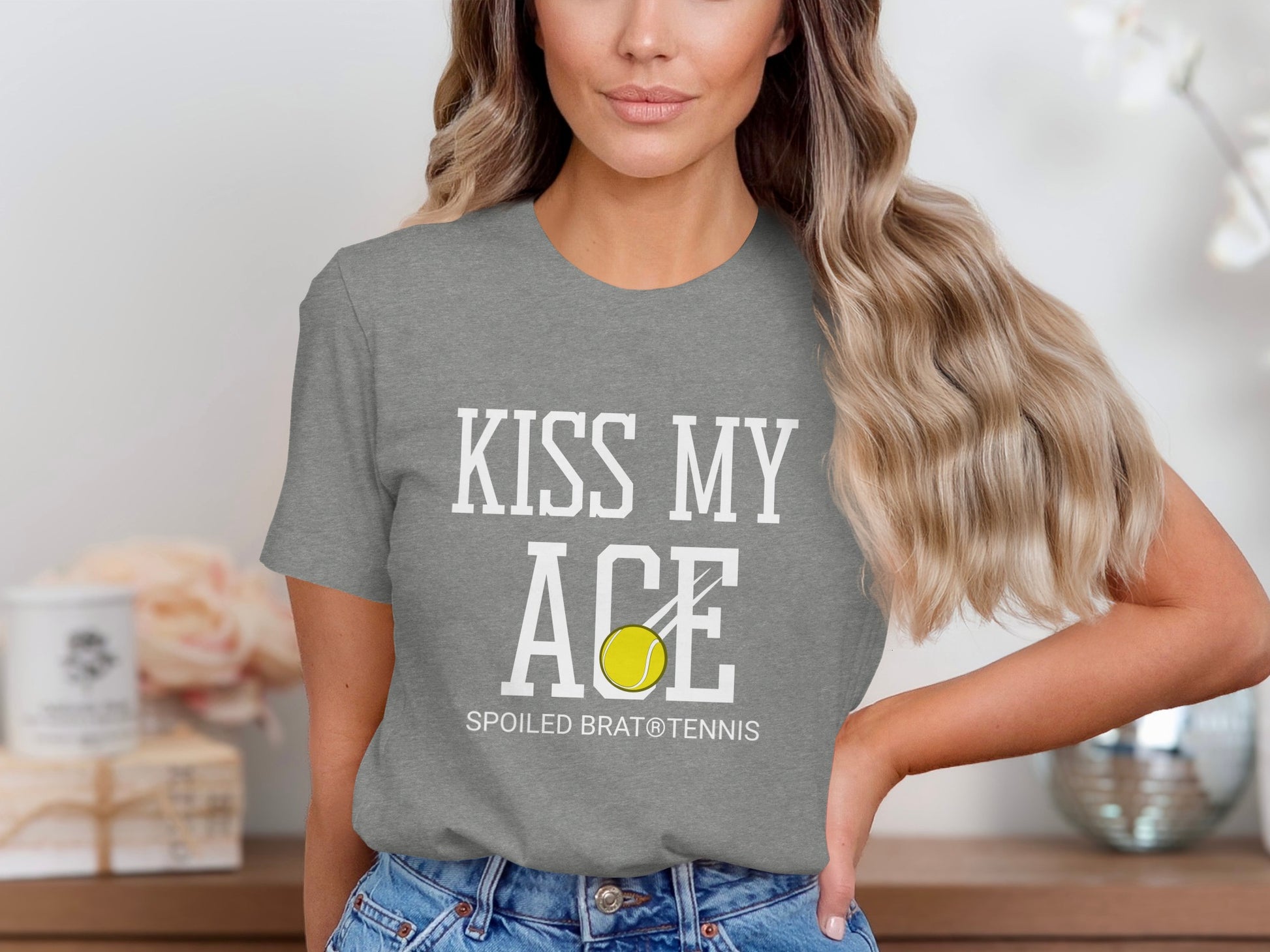 Grey t-shirt with "KISS MY ACE" and tennis ball graphic.