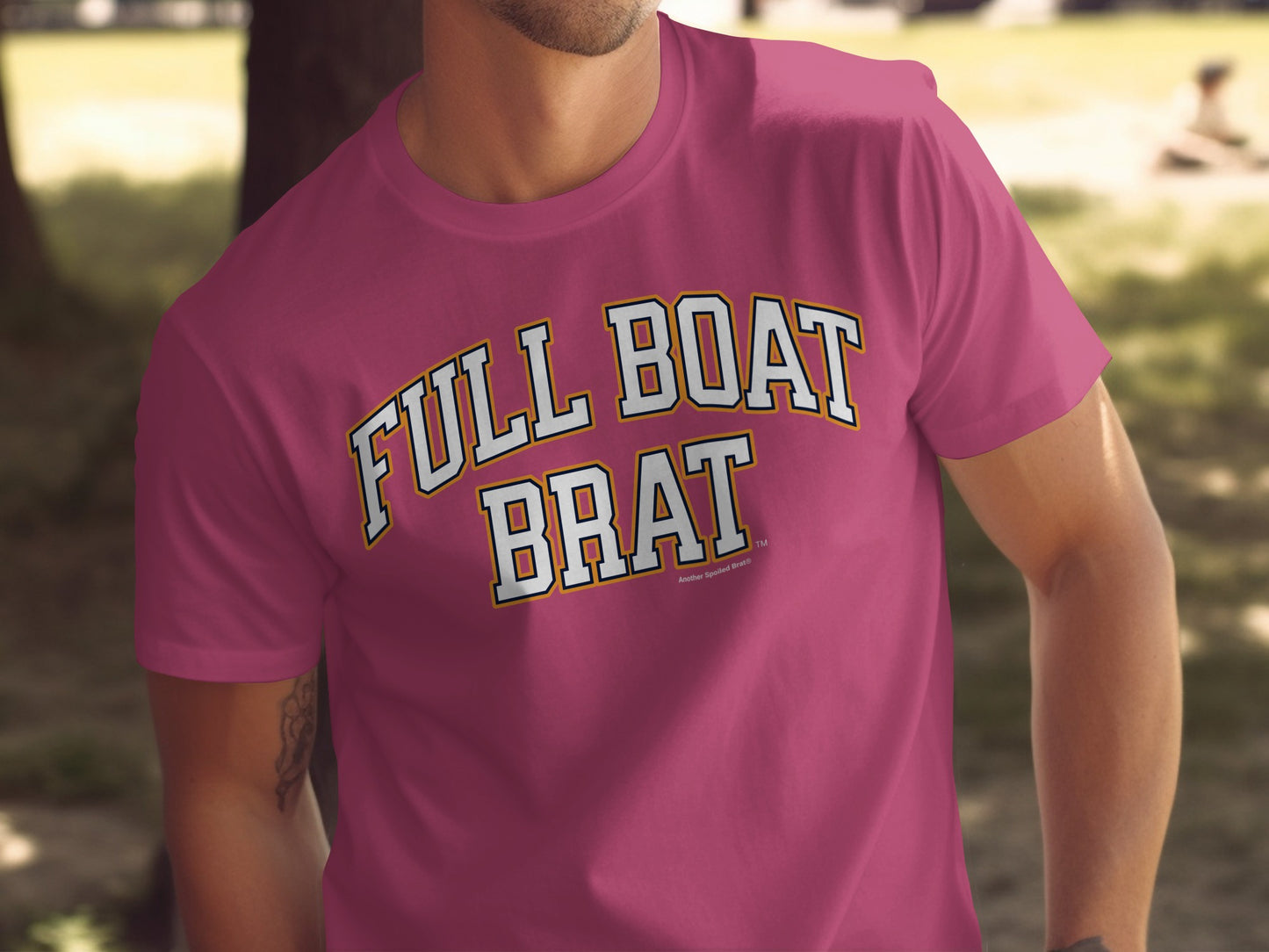 Pink t-shirt with "FULL BOAT BRAT" text and a small trademark symbol.
