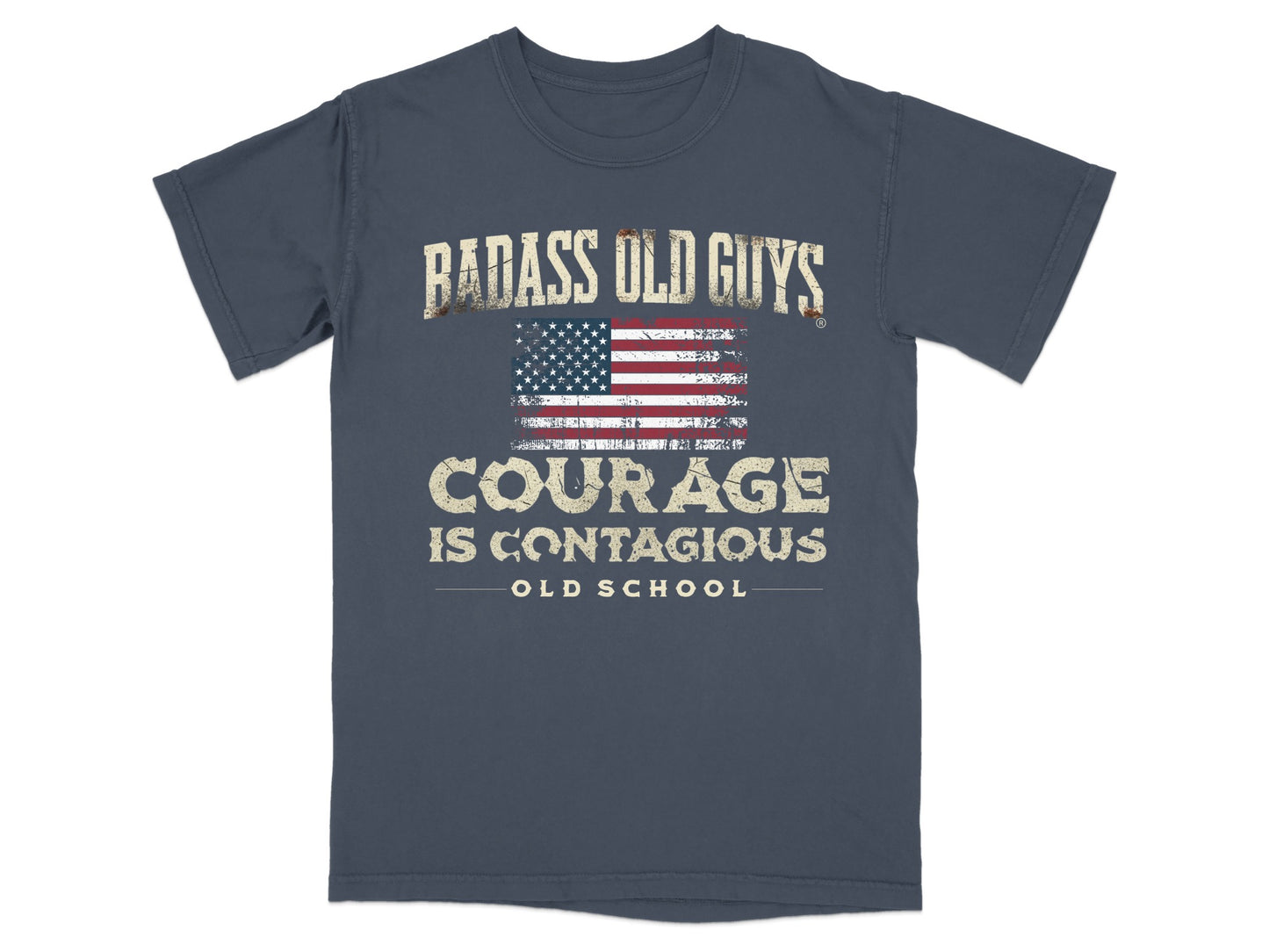 Navy t-shirt with "Badass Old Guys Courage Is Contagious Old School" and American flag.