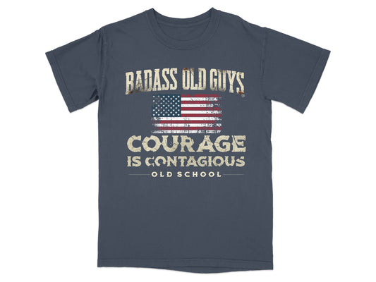 Navy t-shirt with "Badass Old Guys Courage Is Contagious Old School" and American flag.
