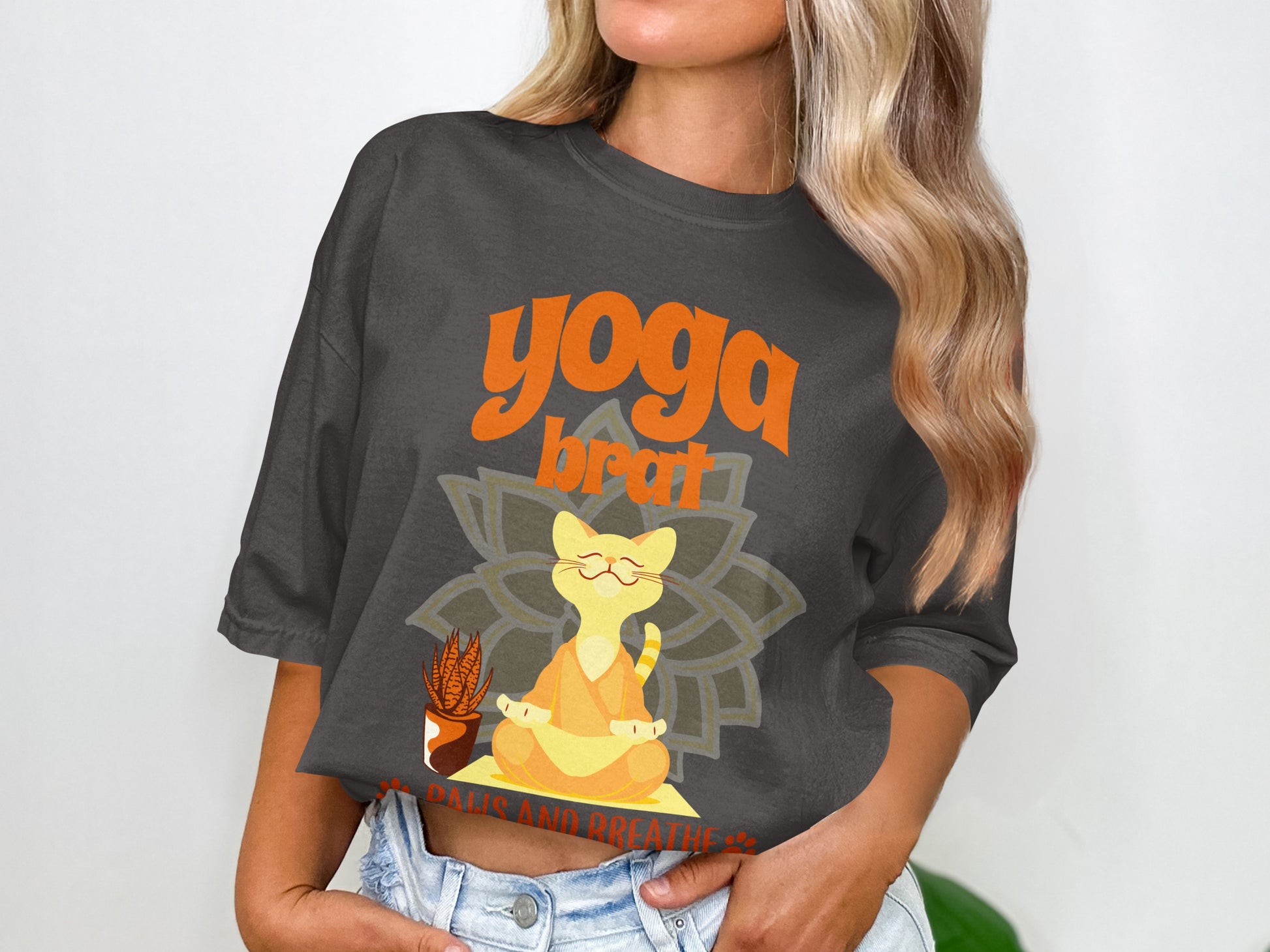 Yoga Brat Graphic Tee Cat Design Relaxed Fit Shirt product