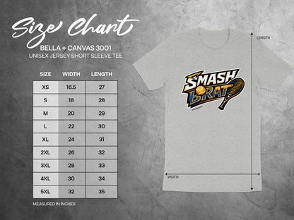 Bella + Canvas 3001 unisex short sleeve tee size chart with measurements in inches.