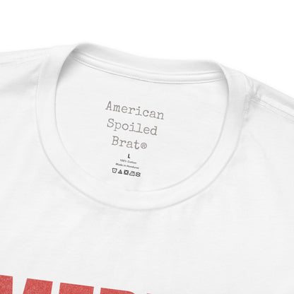 White t-shirt collar with "American Spoiled Brat®" and size/care tags.