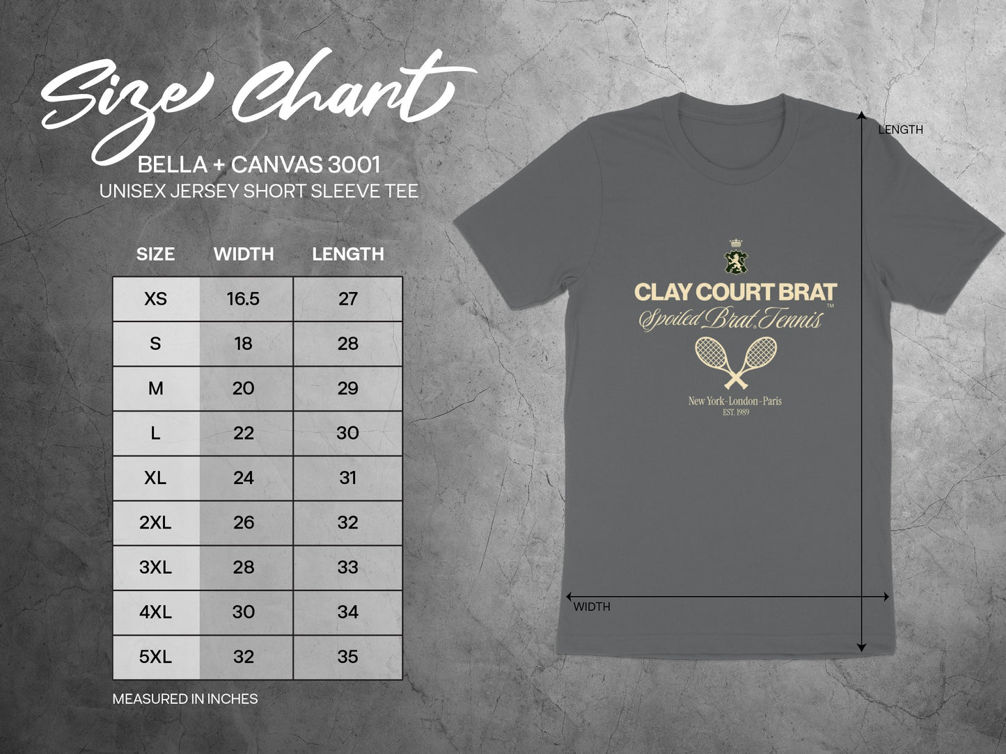 Size chart for BELLA + CANVAS 3001 unisex short sleeve tee, listing sizes XS-5XL with width and length measurements in inches.