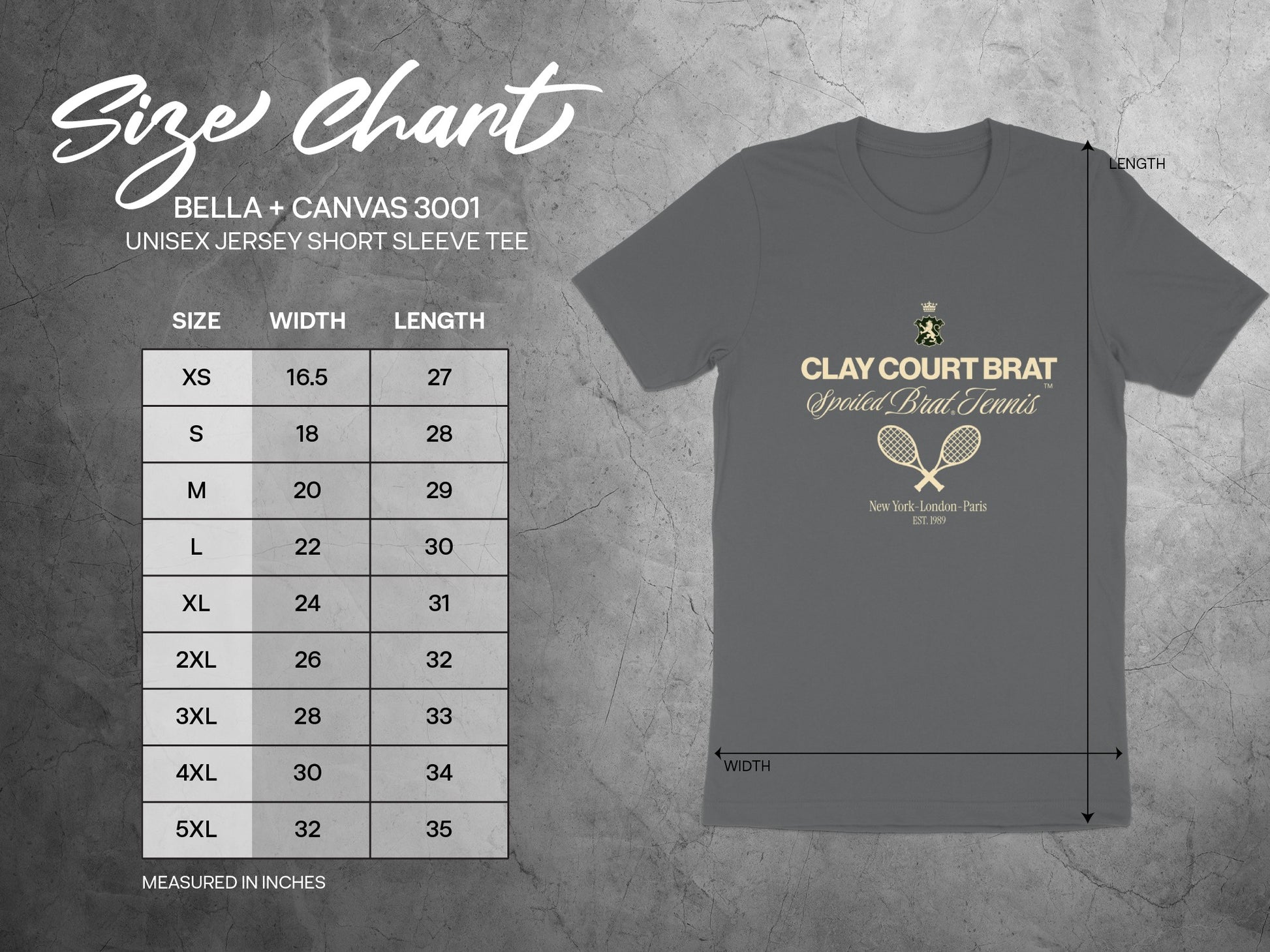 Size chart for BELLA + CANVAS 3001 unisex short sleeve tee, listing sizes XS-5XL with width and length measurements in inches.