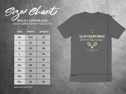 Size chart for BELLA + CANVAS 3001 unisex short sleeve tee, listing sizes XS-5XL with width and length measurements in inches.
