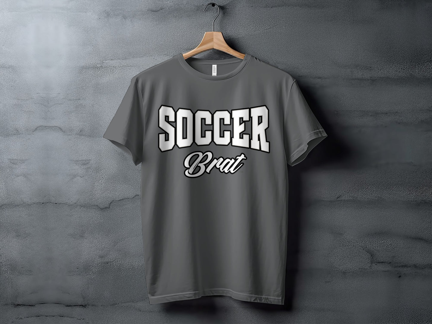 Grey t-shirt with "SOCCER Brat" text in white with black outline