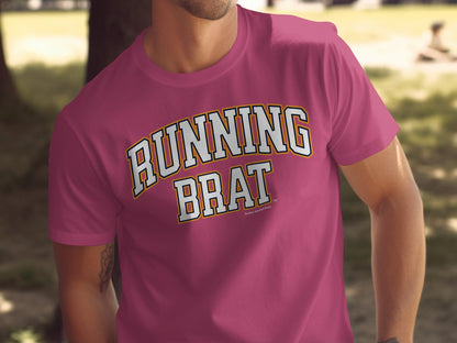 Pink t-shirt with "RUNNING BRAT" text in collegiate-style lettering.