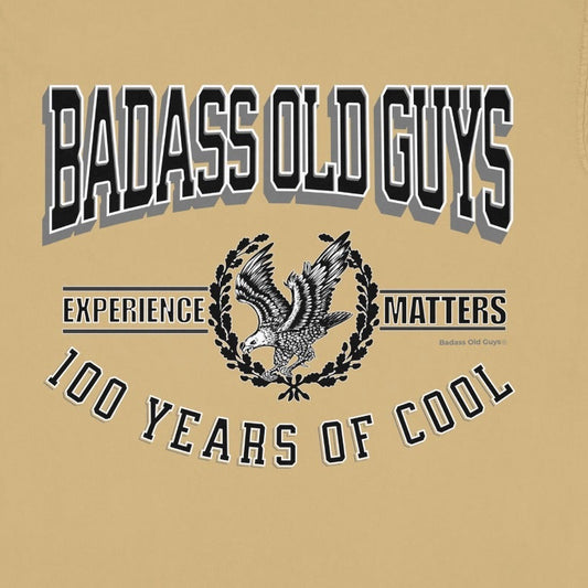 Tan t-shirt with "Badass Old Guys Experience 100 Years of Cool" text.