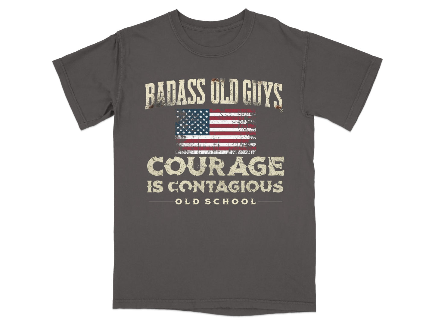T-shirt with "BADASS OLD GUYS COURAGE IS CONTAGIOUS OLD SCHOOL" and distressed US flag.