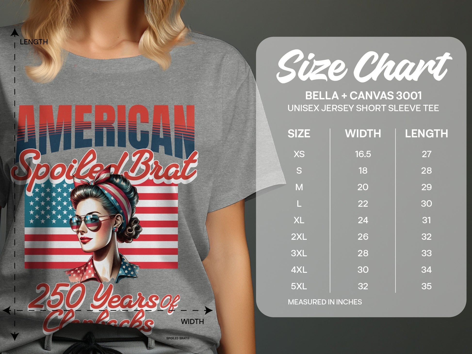 T-shirt with "American Spoiled Brat" graphic and size chart for Bella+Canvas 3001 tee.