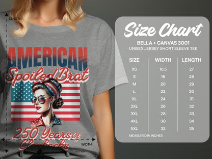 T-shirt with "American Spoiled Brat" graphic and size chart for Bella+Canvas 3001 tee.
